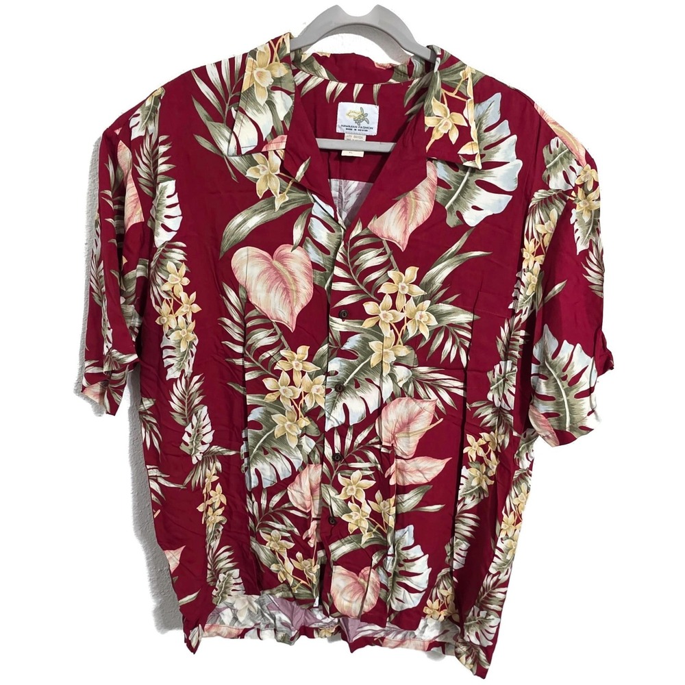 Hawaiian Fashion Mens XL Red Floral Tropical Short Sleeve Rayon Button Up Shirt